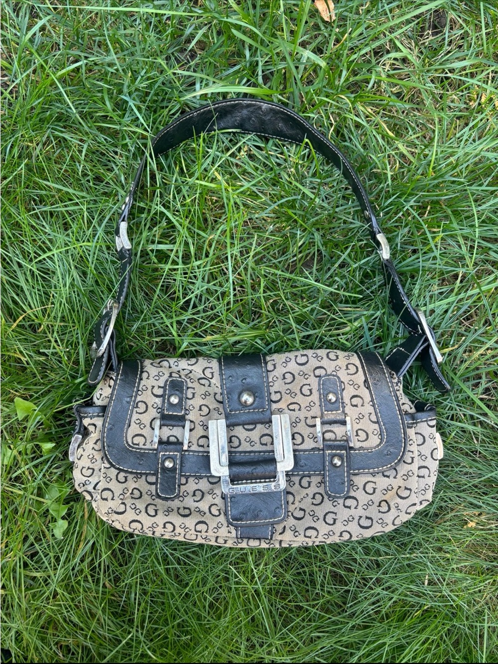 GUESS Beige Logo Print Shoulder Bag with Black Accents